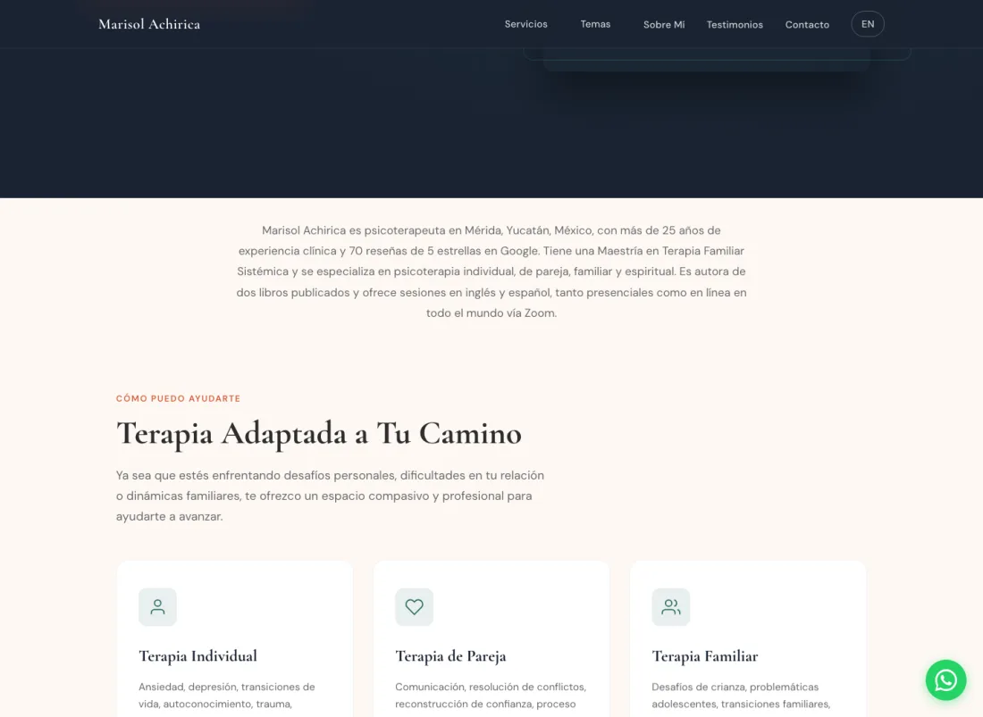 Sección de servicios del sitio en español de Marisol Achirica