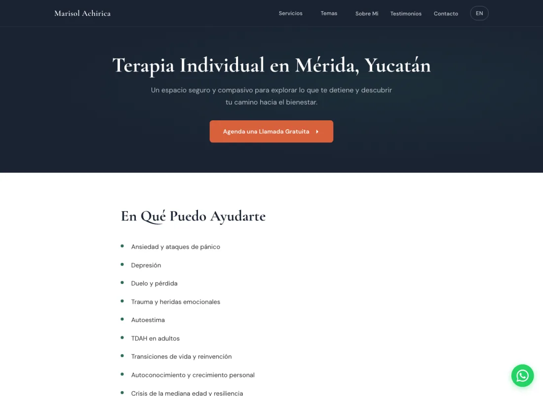 Página en español de terapia individual de Marisol Achirica